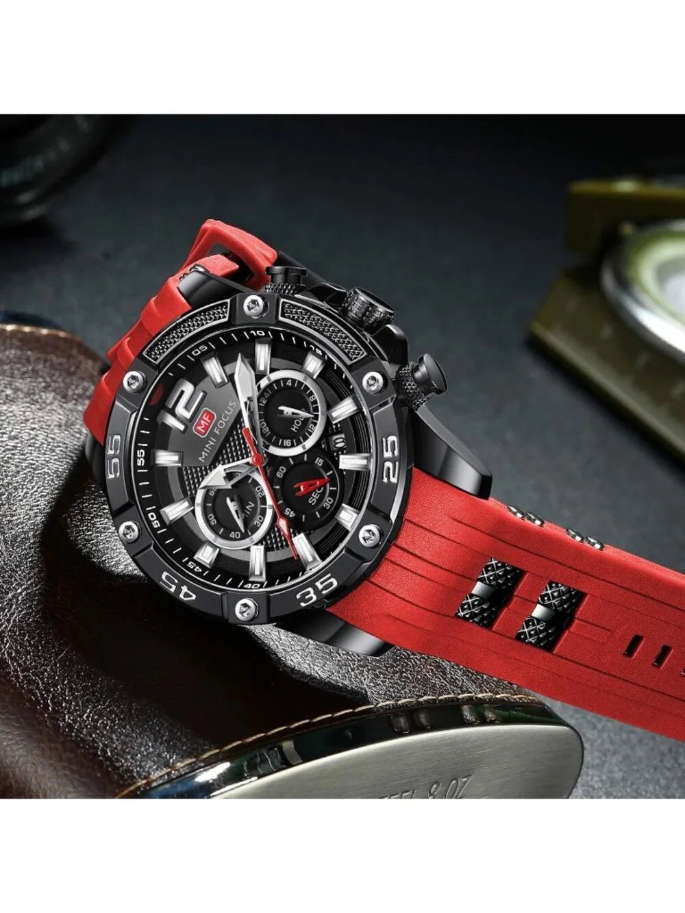 Men's Red Silicon Band Chronograph Waterproof Luminous Unique Casual Wrist Watch